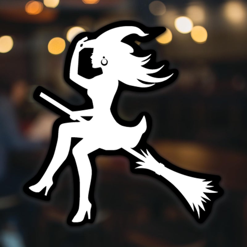 KCD ملصق فينيل ساحرة مثيرة على مكنسة | سيارات شاحنات فانات جدران لابتوبات أكواب | أبيض على خلفية سوداء | 5.5 بوصة | KCD1332W - Image 2